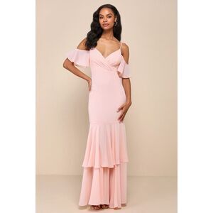 Lulus Brilliant Perfection Blush Pink Cold-shoulder Tiered Maxi Dress - Size S